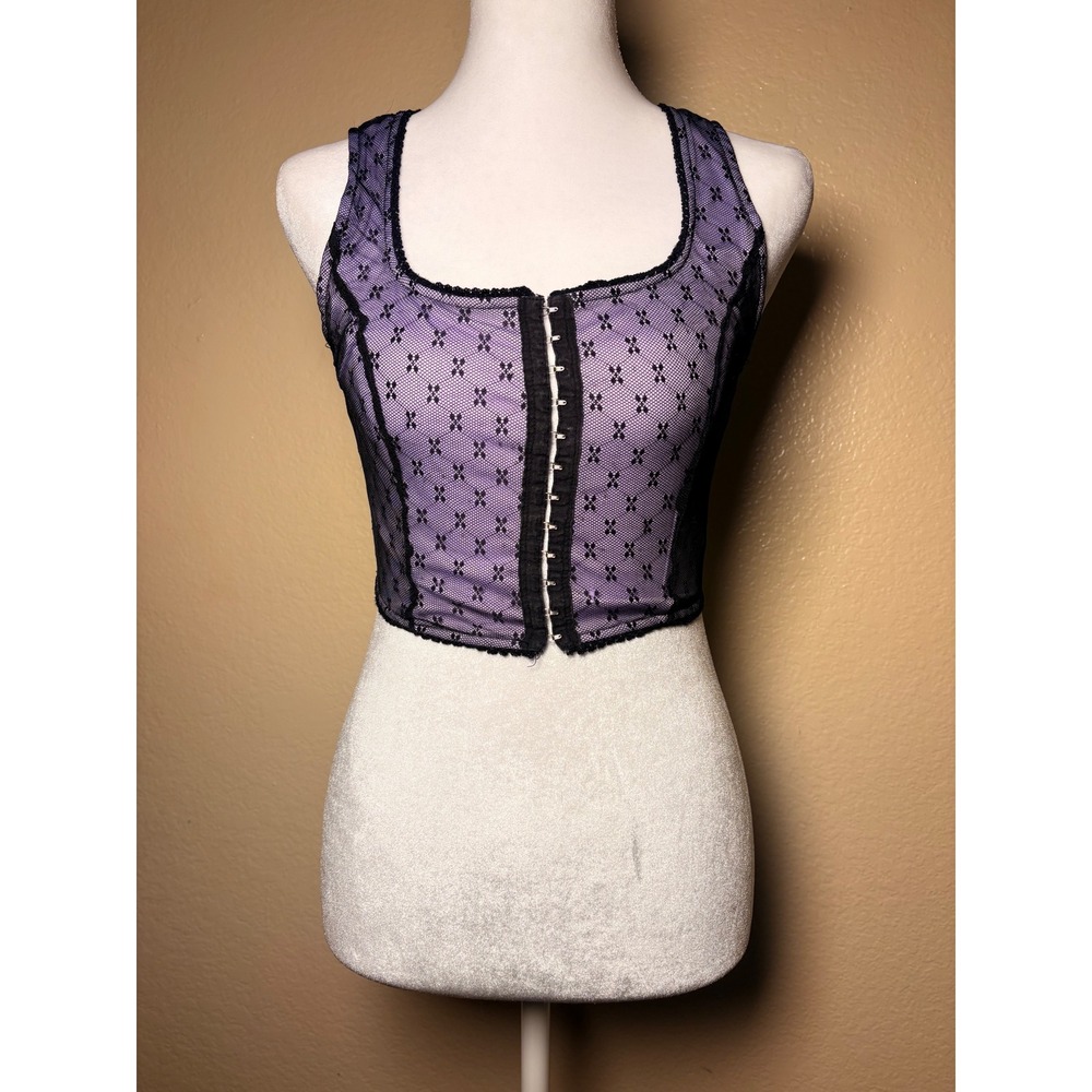 Scene Purple Lace Eye Corset Crop Top Black Floral Overlay Gothic Square Neck M